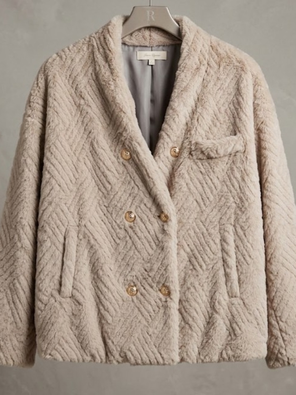 Dazy Double-Breasted Faux Fur Coat (Sz XL) Soft Lightweight Warm Neutral Cozy